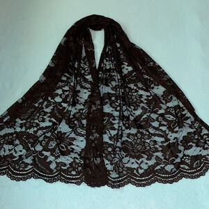 Wrap scarf floral pattern sheer black scalloped edges 20” X 58” long NEW